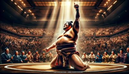 DALL·E 2024-02-23 18.49.12 - A dynamic and powerful portrayal of an Ozeki in a victorious moment, embodying the strength and excellence required at this elite level of sumo wrestl