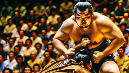 DALL·E 2024-02-23 18.53.38 - A dynamic image of a Komusubi, the rank just below Sekiwake, showing the determination and skill required at this level of professional sumo wrestling