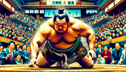 DALL·E 2024-02-23 18.55.40 - A vivid portrayal of a Maegashira, a rank-and-file wrestler in professional sumo, showing the raw energy and commitment of those competing at this lev