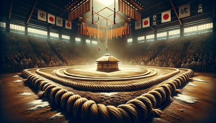 DALL·E 2024-02-23 21.50.01 - A detailed and atmospheric illustration of a sumo dohyo, the sacred ring where sumo matches take place. This image should capture the essence of the d