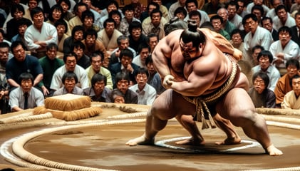 DALL·E 2024-02-23 22.32.28 - A sumo wrestler engaged in a match on a sumo ring, with an intense focus on the movement and power. The wrestler is in the midst of a powerful shove a