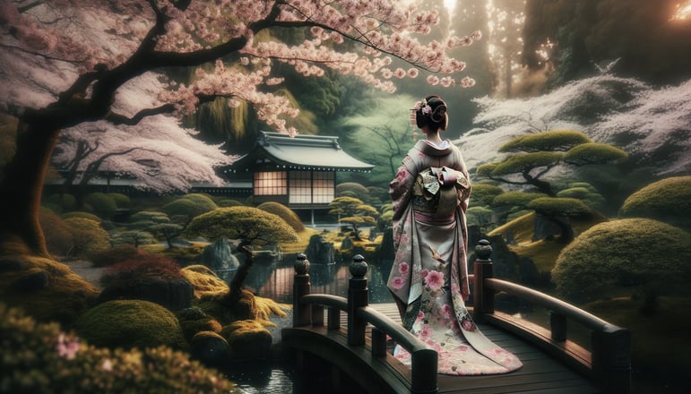 DALL·E 2024-03-02 13.39.18 - A serene and elegant scene capturing the essence of traditional Japanese culture, featuring a person adorned in a beautiful, intricate kimono. The set