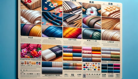 DALL·E 2024-03-02 13.42.01 - An educational poster that illustrates the various types of fabrics used in kimono production. Each section of the poster is dedicated to a specific m