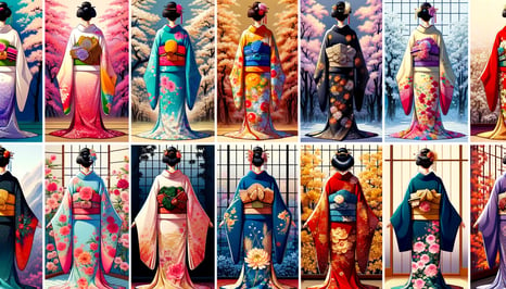 DALL·E 2024-03-02 13.44.05 - A collection of images that vividly illustrates the significance of colors and patterns in kimono designs, reflecting their cultural and seasonal symb