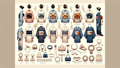 DALL·E 2024-03-02 13.49.04 - An elegant visual guide to the essentials of kimono wear, showcasing the harmony between different obi knots and accessory choices. This image series 