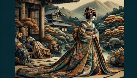 DALL·E 2024-03-02 13.52.53 - A visual exploration of the Heian periods fashion, specifically focusing on the Junihitoe and its cultural significance. The series should depict the
