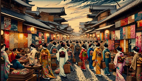DALL·E 2024-03-02 13.54.48 - A visual narrative showcasing the rich tapestry of kimono styles that emerged in the Edo period, reflecting the vibrant culture of the townspeople. Th