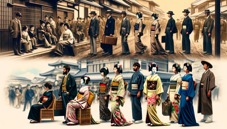 DALL·E 2024-03-02 14.01.59 - A series of images illustrating the transition of Japanese fashion from traditional kimono to the influence of Western clothing during the Meiji perio