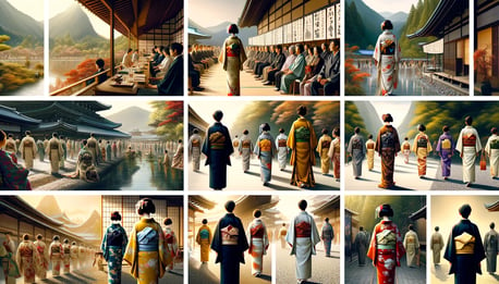 DALL·E 2024-03-02 14.04.44 - A series of images showcasing the enduring relevance of the kimono in contemporary Japan, illustrating its presence in both traditional settings and m
