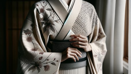 DALL·E 2024-03-02 14.12.49 - A series of images focusing on the Komon kimono with simpler, more subtle patterns, suitable for everyday wear and understated elegance. The first ima