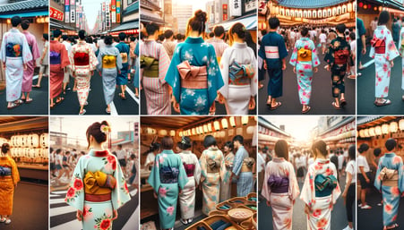 DALL·E 2024-03-02 14.20.35 - A series of images showcasing the vibrant and casual elegance of Yukata, the summer kimono made from breathable materials like cotton and linen. The f