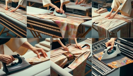 DALL·E 2024-03-02 14.39.30 - A series of images depicting the final finishing steps in kimono making, including ironing and other finishing processes. The first image should show 