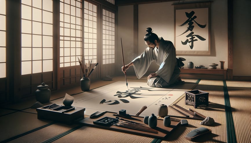 DALL·E 2024-03-09 21.39.53 - A serene and artistic representation of the art of calligraphy. The scene is set in a traditional Japanese room with tatami mats, where an experienced