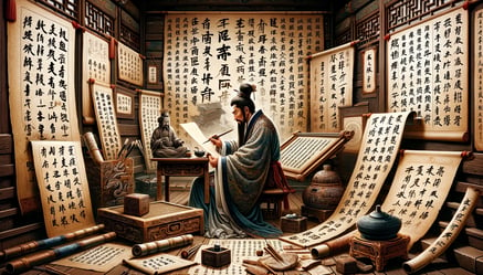 DALL·E 2024-03-09 21.44.45 - An illustrative depiction of the origins of calligraphy in ancient China, showcasing the evolution from oracle bone script and bronze inscriptions to 