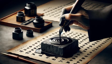 DALL·E 2024-03-10 00.42.21 - A sophisticated and detailed image showcasing the traditional process of preparing ink for calligraphy, featuring a solid ink stick being gently groun