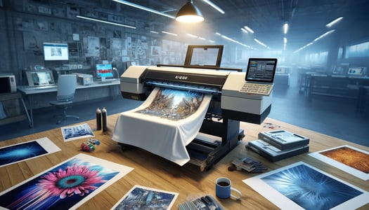 DALL·E 2024-04-11 08.39.17 - Create a highly realistic image illustrating the digital direct printing process on a T-shirt. This method involves direct inkjet printing onto the fa