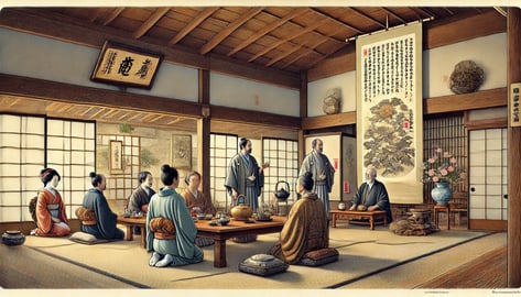 DALL·E 2024-07-09 08.49.57 - A historical scene depicting the integration of hanging scrolls (kakejiku) into the Japanese tea ceremony during the Muromachi period (1336-1573). The (1)