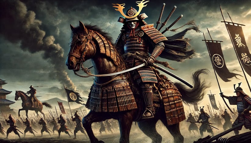 DALL·E 2024-08-10 15.00.32 - A dramatic scene depicting a samurai general during wartime, mounted on a powerful horse. The samurai is dressed in battle-worn armor, adorned with sy