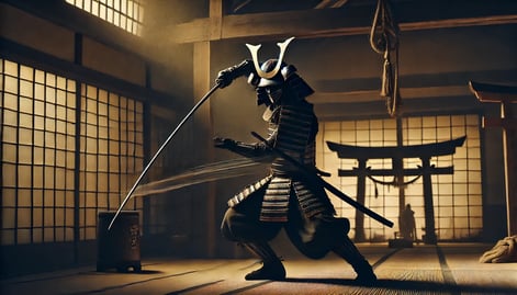 DALL·E 2024-08-10 15.57.35 - A dynamic and intense scene of a samurai in action, wielding a traditional long katana sword. The samurai, dressed in full battle armor, is engaged in