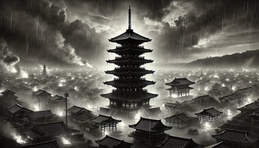 DALL·E 2024-09-18 22.18.55 - A dramatic black-and-white night scene of Nara, engulfed in flames as the Heike army invades the town. The buildings of Yakushiji Temple are ablaze, b