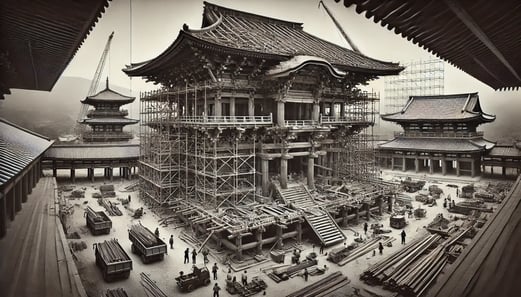 DALL·E 2024-09-18 22.24.32 - A black-and-white image showing the reconstruction process of the Great Lecture Hall (Daikodo) at Yakushiji Temple in 2003. The image captures the hal