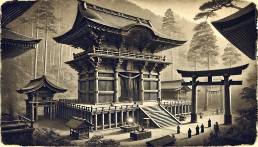 DALL·E 2024-09-29 16.01.19 - A black-and-white image in the style of an old photograph, depicting the ancient Izumo Taisha shrine before the 7th century. The image focuses on the 