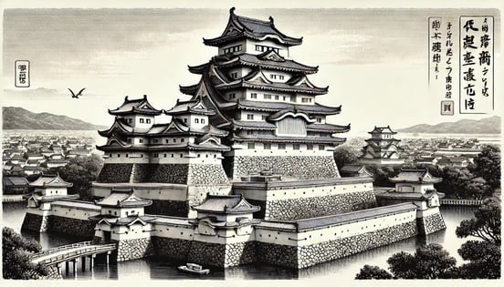 DALL·E 2024-11-24 12.41.12 - A historical black-and-white illustration depicting Himeji Castle during the Edo period (1617-1868), showcasing its fortified structure with thick whi (1) (1)