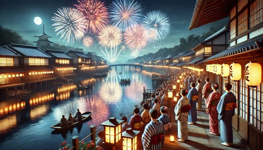 DALL_E 2025-01-12 13.52.01 - A photorealistic scene of the origins of Japanese fireworks festivals in the Edo period, showing a grand event by the Sumida River in 1733. The scene
