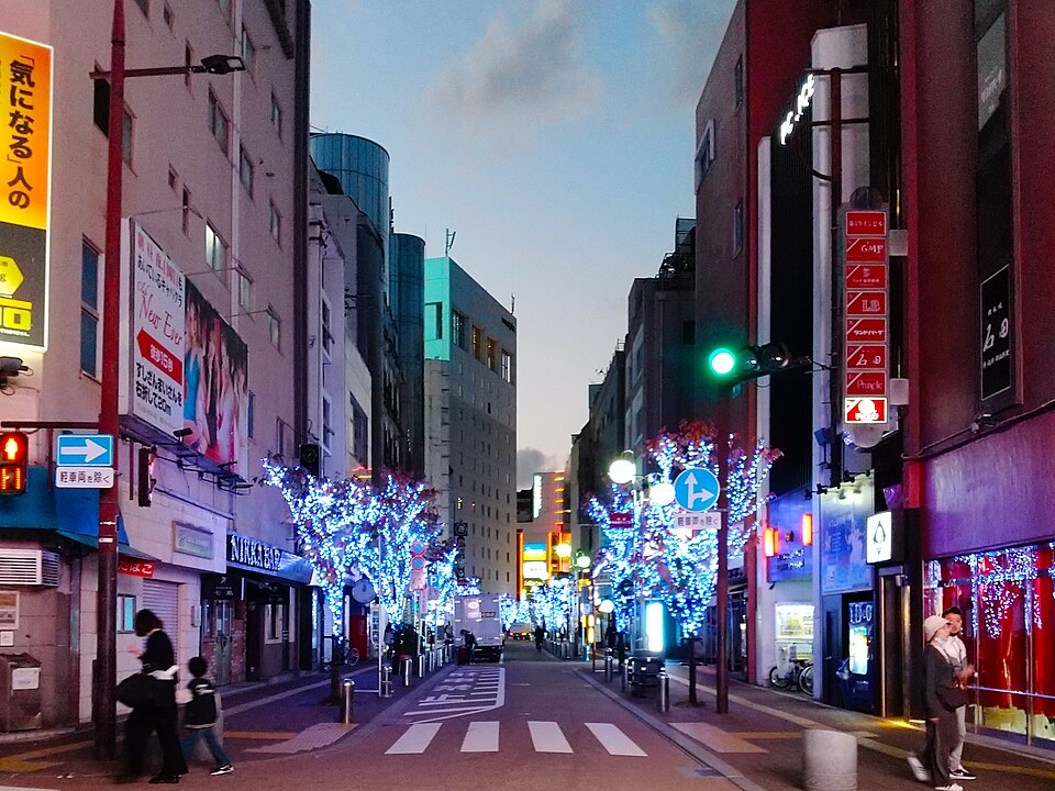 中洲の屋台街の全景、那珂川沿いに並ぶ屋台の灯り
