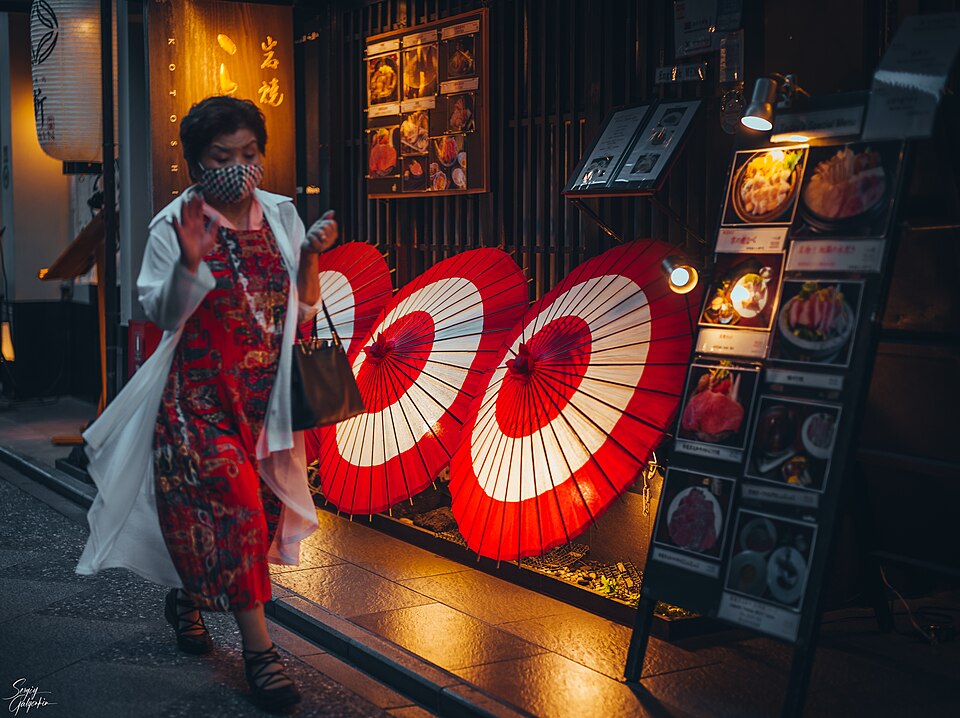 京都・先斗町の狭い石畳の路地、提灯の明かりと料理屋の佇まい