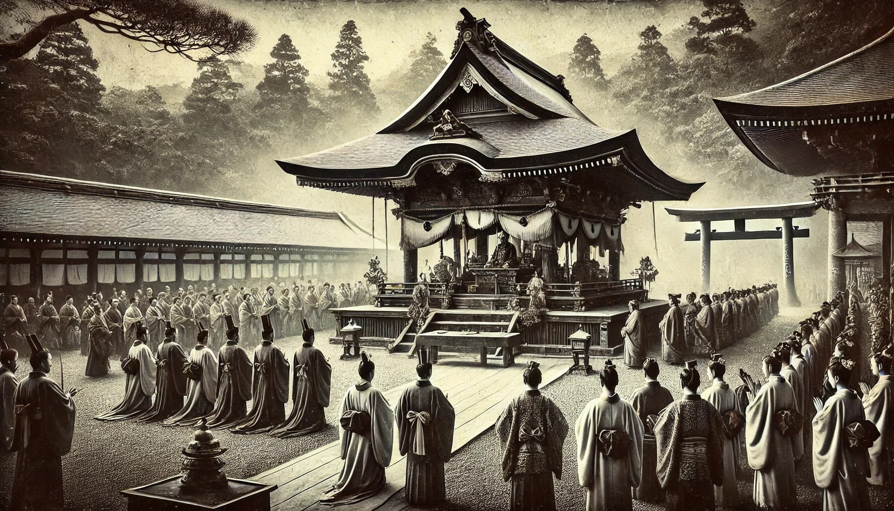 DALL?E 2024-09-27 22.27.46 - A black-and-white image in the style of an old photograph, depicting the event in 859 when Izanagi Shrine was granted the highest divine rank, Shoich