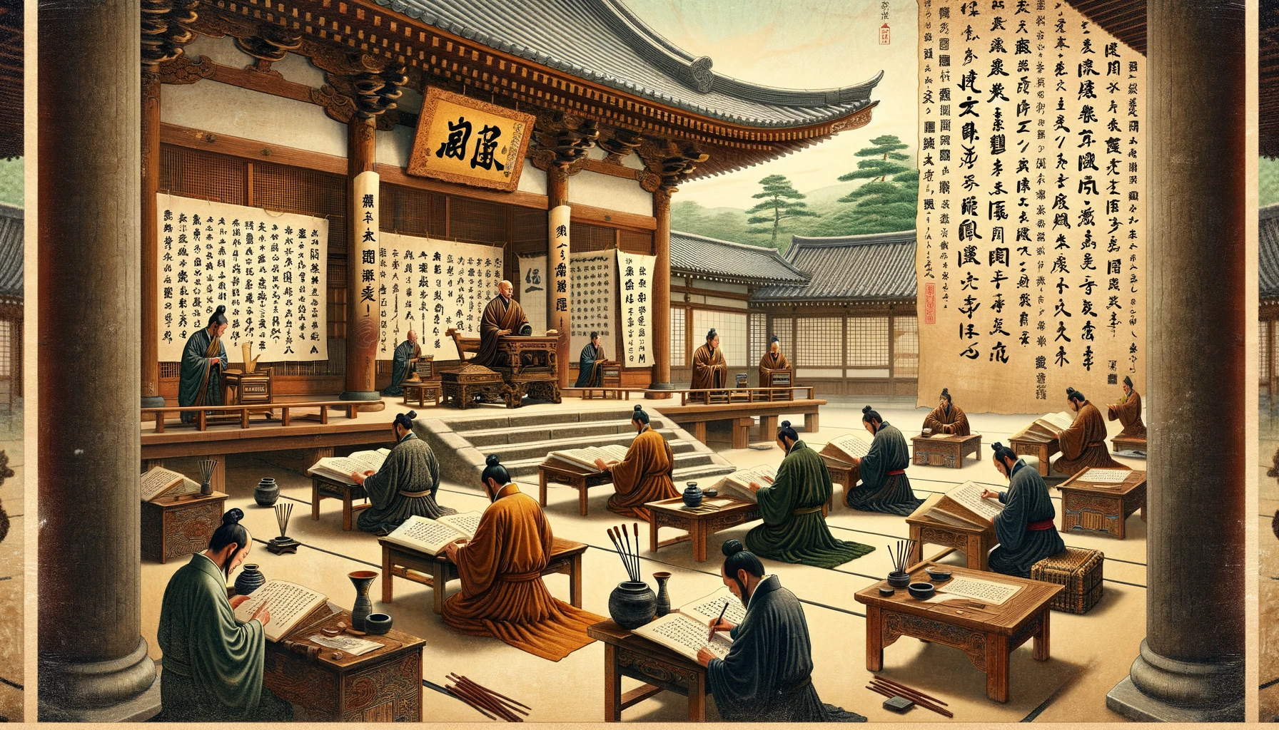 DALL·E 2024-03-09 21.47.54 - A historical narrative illustrating the introduction and development of calligraphy in Japan, from its origins in the 5th century through Chinese infl