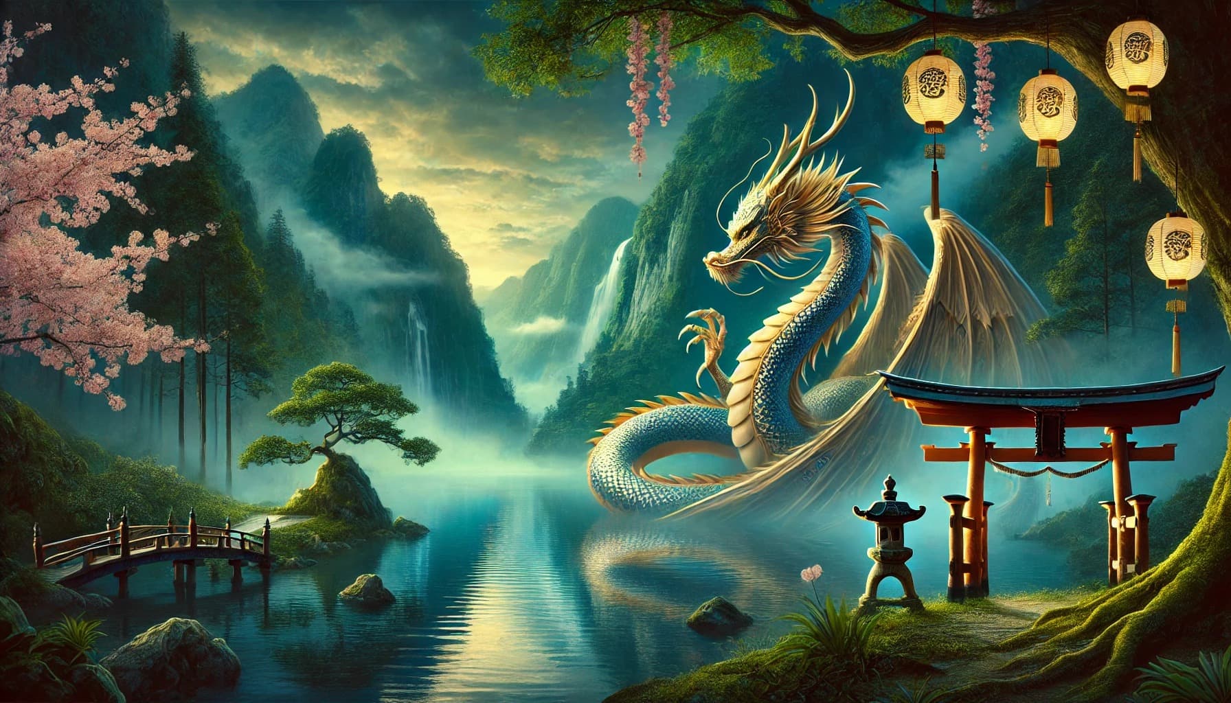 DALL?E 2026-02-12 19.59.21 - A mystical Japanese lake scene depicting the legend of Princess Tatsuko. The image features a serene, deep blue lake surrounded by lush green mountain