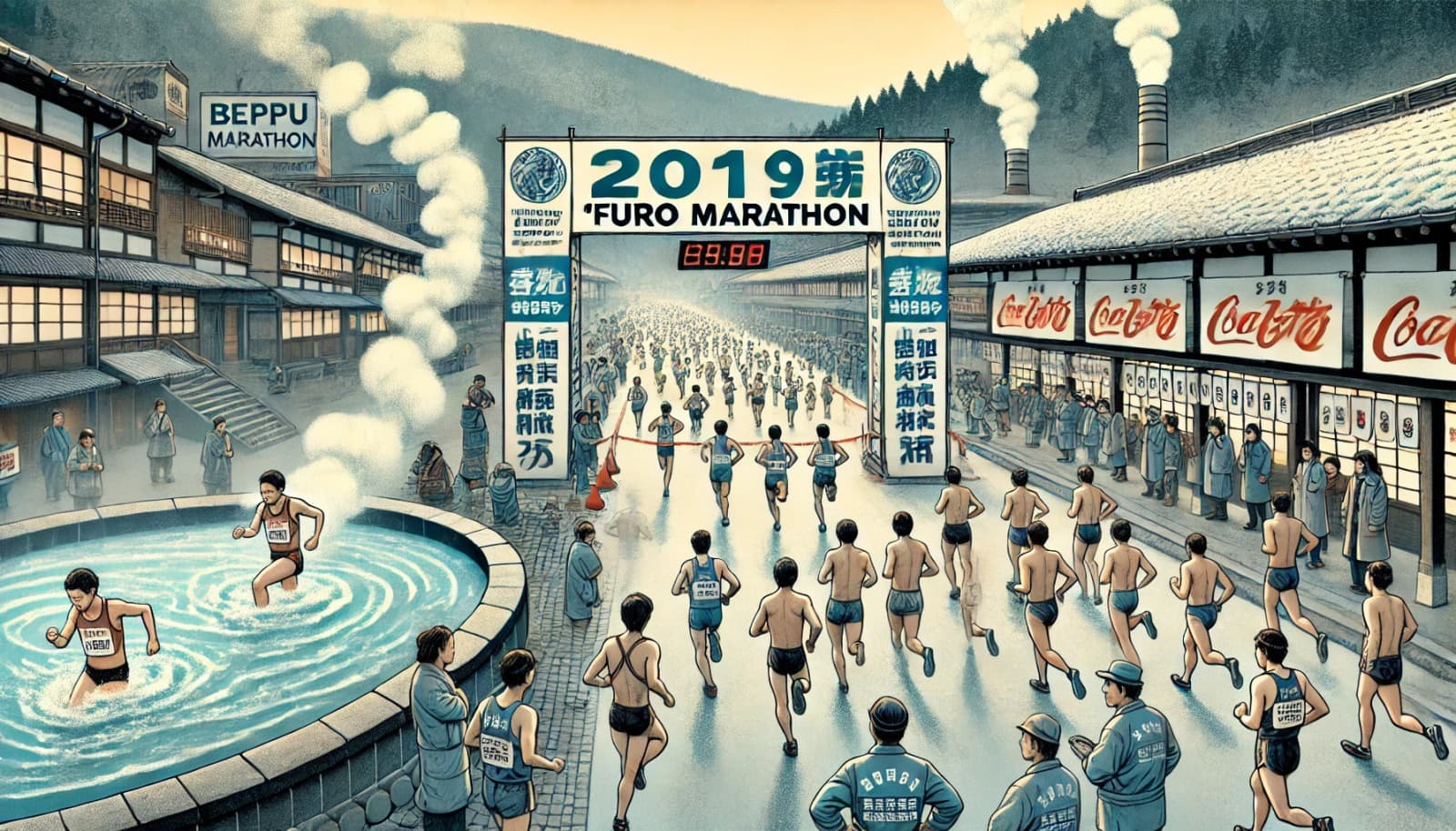 DALL?E 2026-03-20 23.20.47 - An illustration of the 2019 _Furo Marathon_ in Beppu, Japan. The scene shows marathon runners crossing the finish line after completing the race. In t