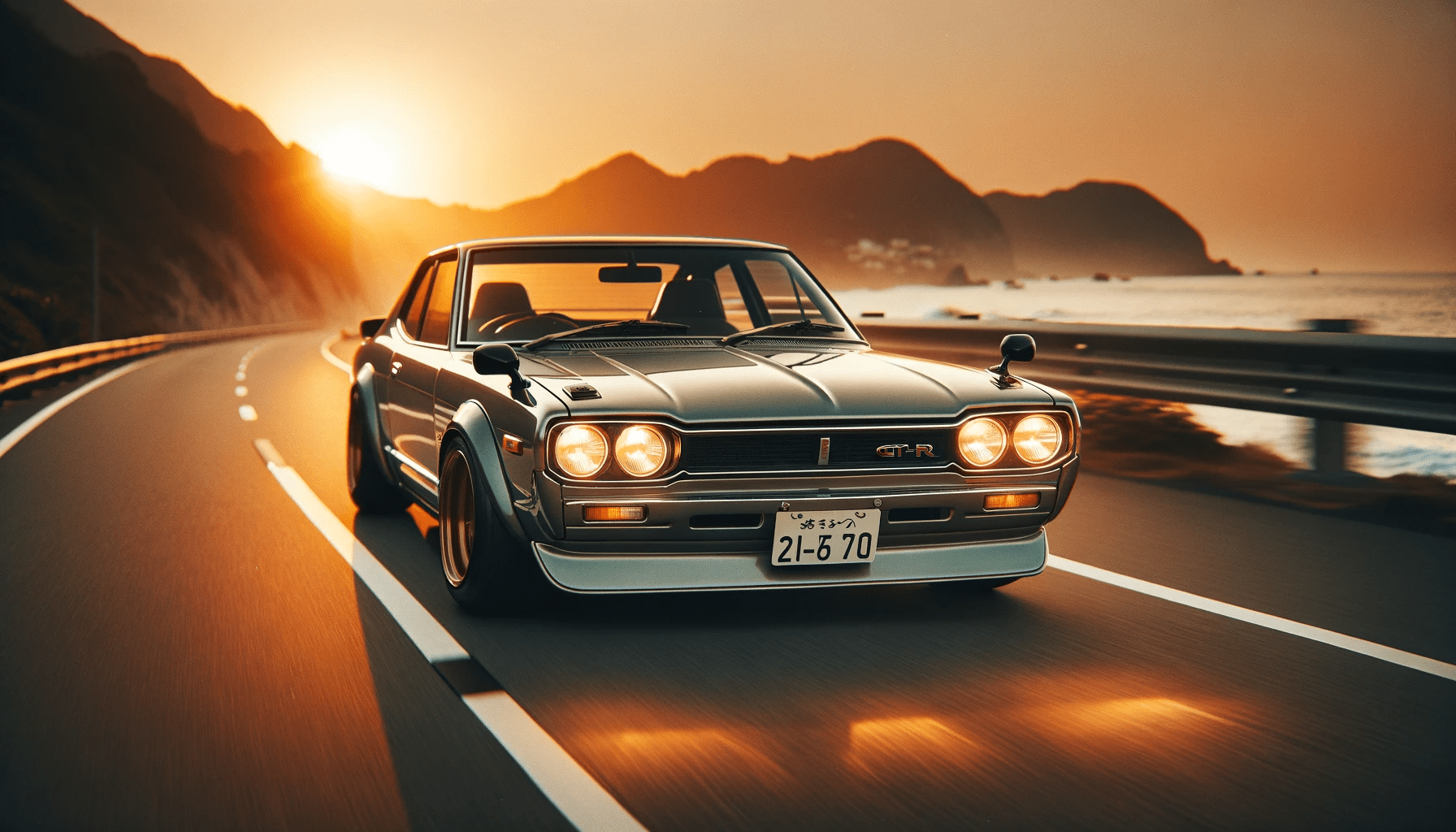 DALL·E 2024-01-08 11.07.37 - A high-quality photo of a Nissan Skyline GT-R (Hakosuka) with slanted headlights, cruising on a coastal road during sunset. The cars classic lines an (1)