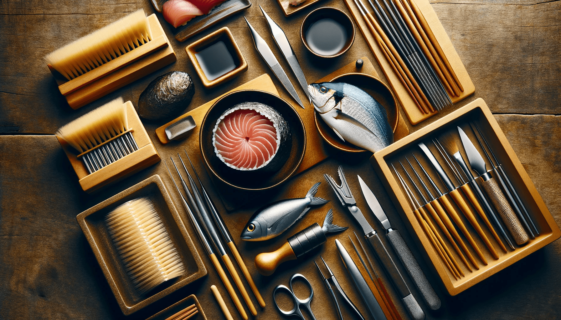 DALL·E 2024-01-06 17.51.06 - An image depicting various specialized tools used for handling fish in sushi preparation. The image should include a special brush for cleaning fish, (1)