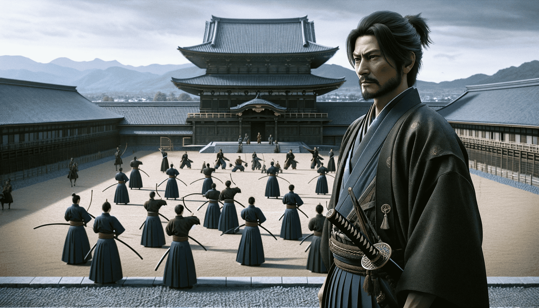 DALL·E 2023-12-25 11.29.48 - A Rōtō, a loyal retainer of a samurai lord, in a realistic setting, overseeing the training of younger samurai. He is standing authoritatively with a