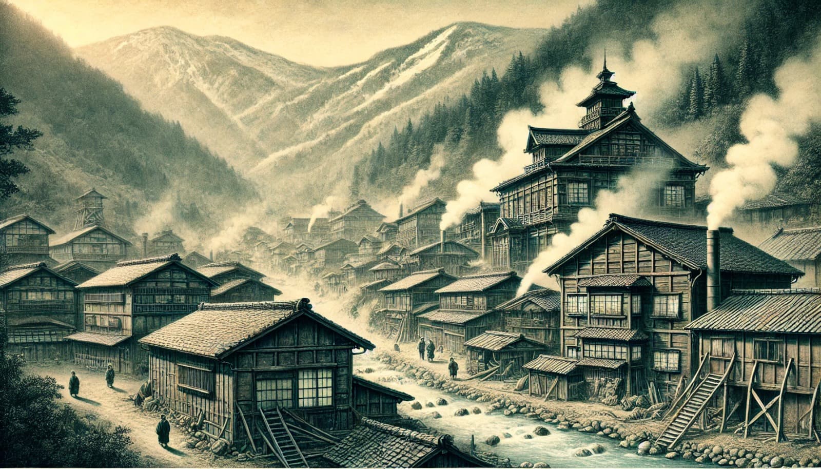 DALL?E 2025-02-15 16.57.10 - A historical depiction of Ginzan Onsen in Japan during its transformation from a silver mining town to a hot spring resort. The image features a tradi