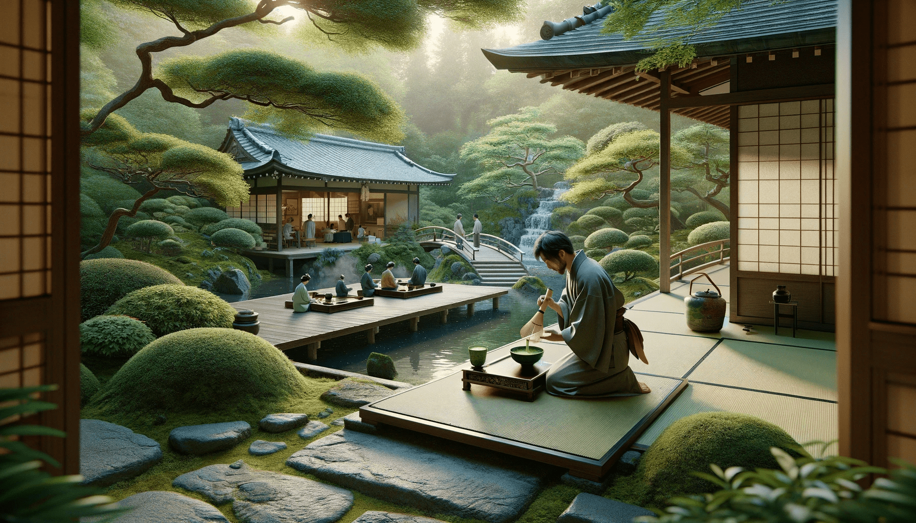 DALL·E 2023-12-29 01.32.40 - An image showcasing the tranquil ambiance of a Japanese tea ceremony. The scene is set in a traditional tea garden, surrounded by lush greenery and a
