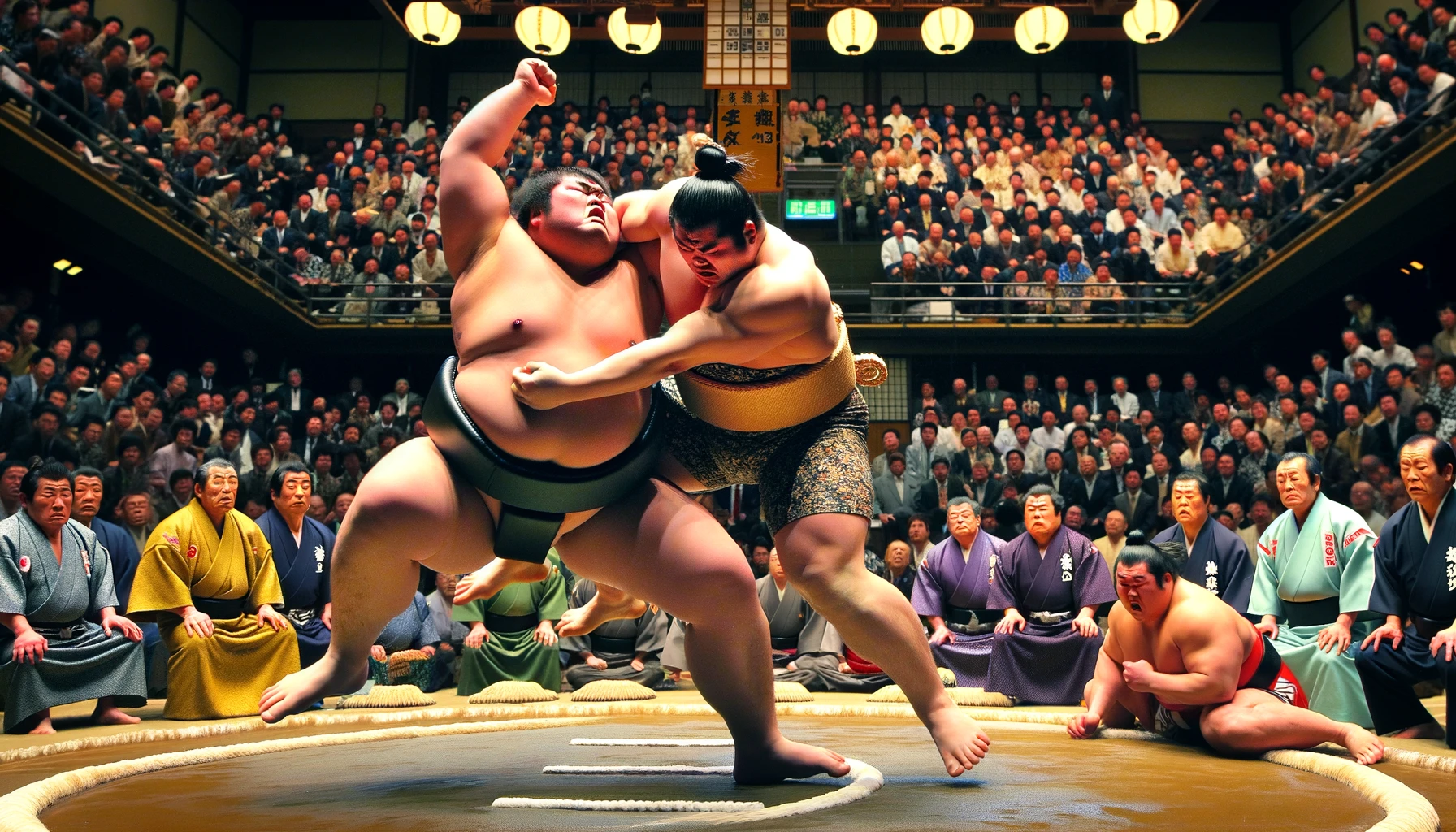 DALL·E 2024-02-23 19.05.20 - A dynamic scene from a Sandanme sumo match, capturing the crucial moment where a young wrestler demonstrates his potential against a formidable oppone