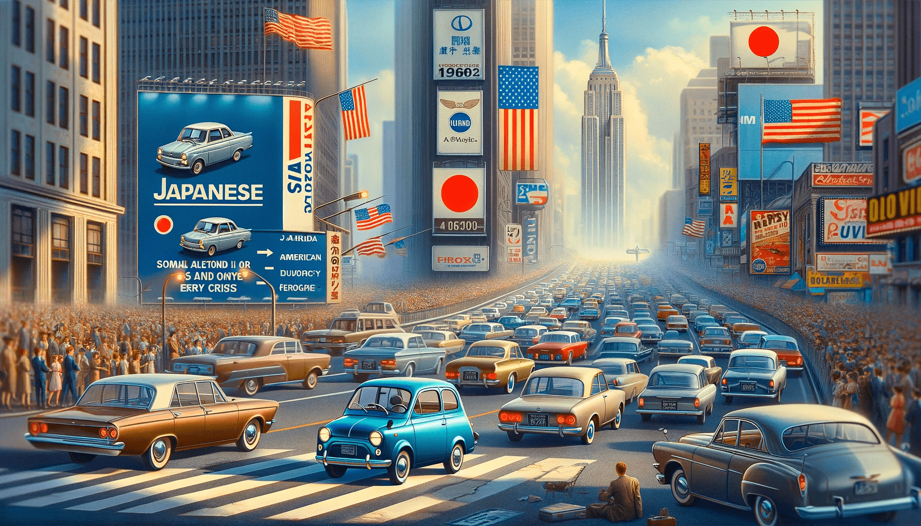 DALL·E 2024-01-08 21.47.15 - A dynamic image showcasing the rise of Japanese automobiles in American and European markets during the 1960s, marking the emergence of Japanese auto