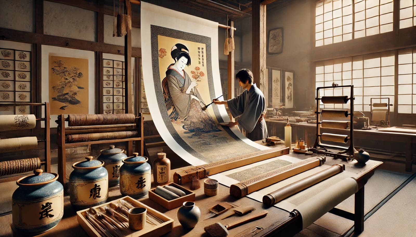 DALL?E 2025-01-12 15.54.25 - A photorealistic image of a traditional Japanese workshop showing the process of joining the honshi (main artwork) and kireji (decorative fabric)