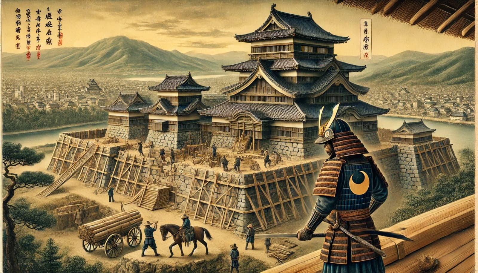 DALL?E 2026-02-15 10.55.30 - A historical depiction of Sendai Castle during its construction in the early 1600s, situated on a hill overlooking the city. The castle is surrounded 