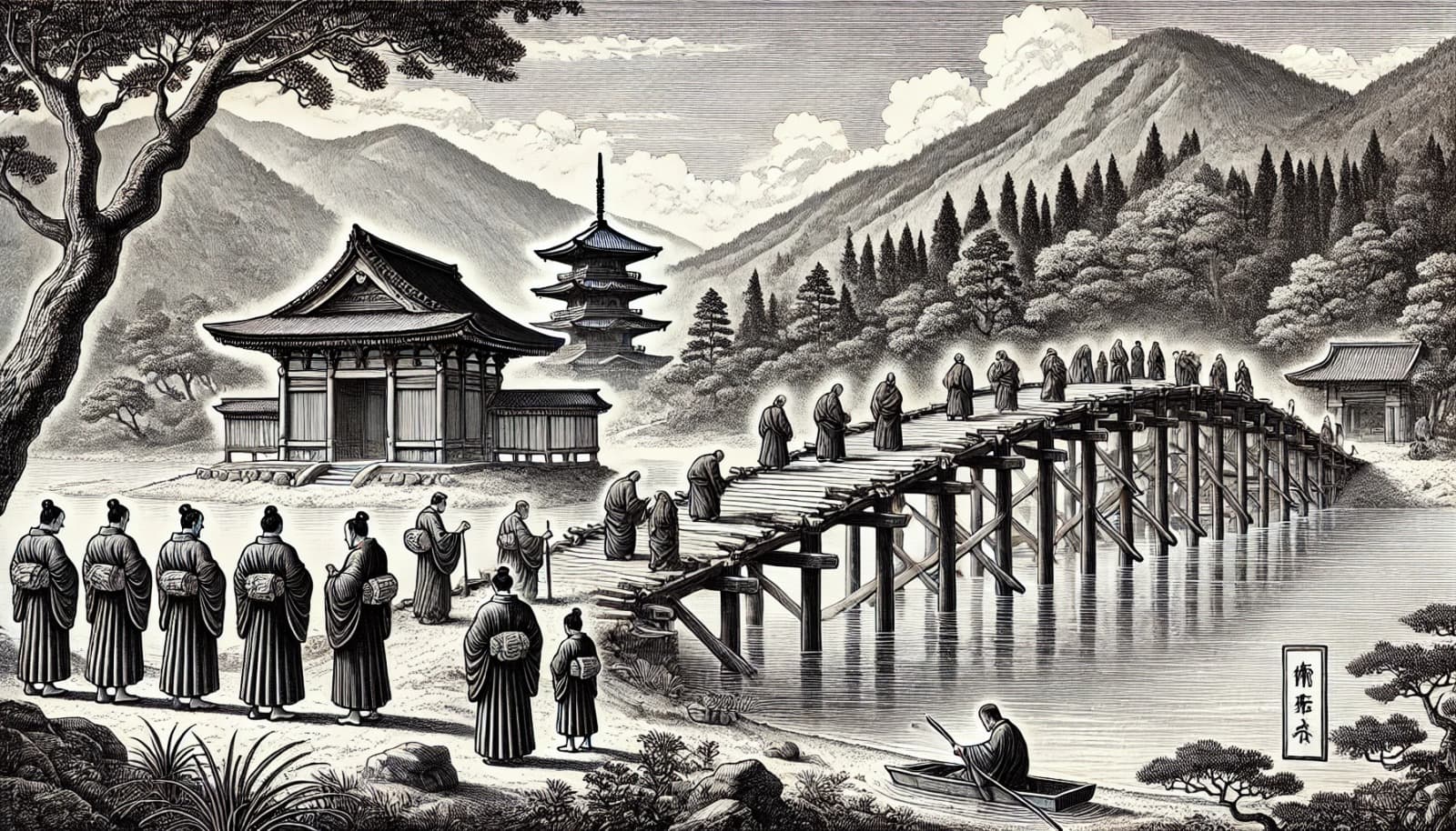 DALL?E 2024-12-09 21.33.45 - A black-and-white historical illustration capturing the creation of the original Horinji Bridge in Japan during the Heian period (834?848 AD). The a