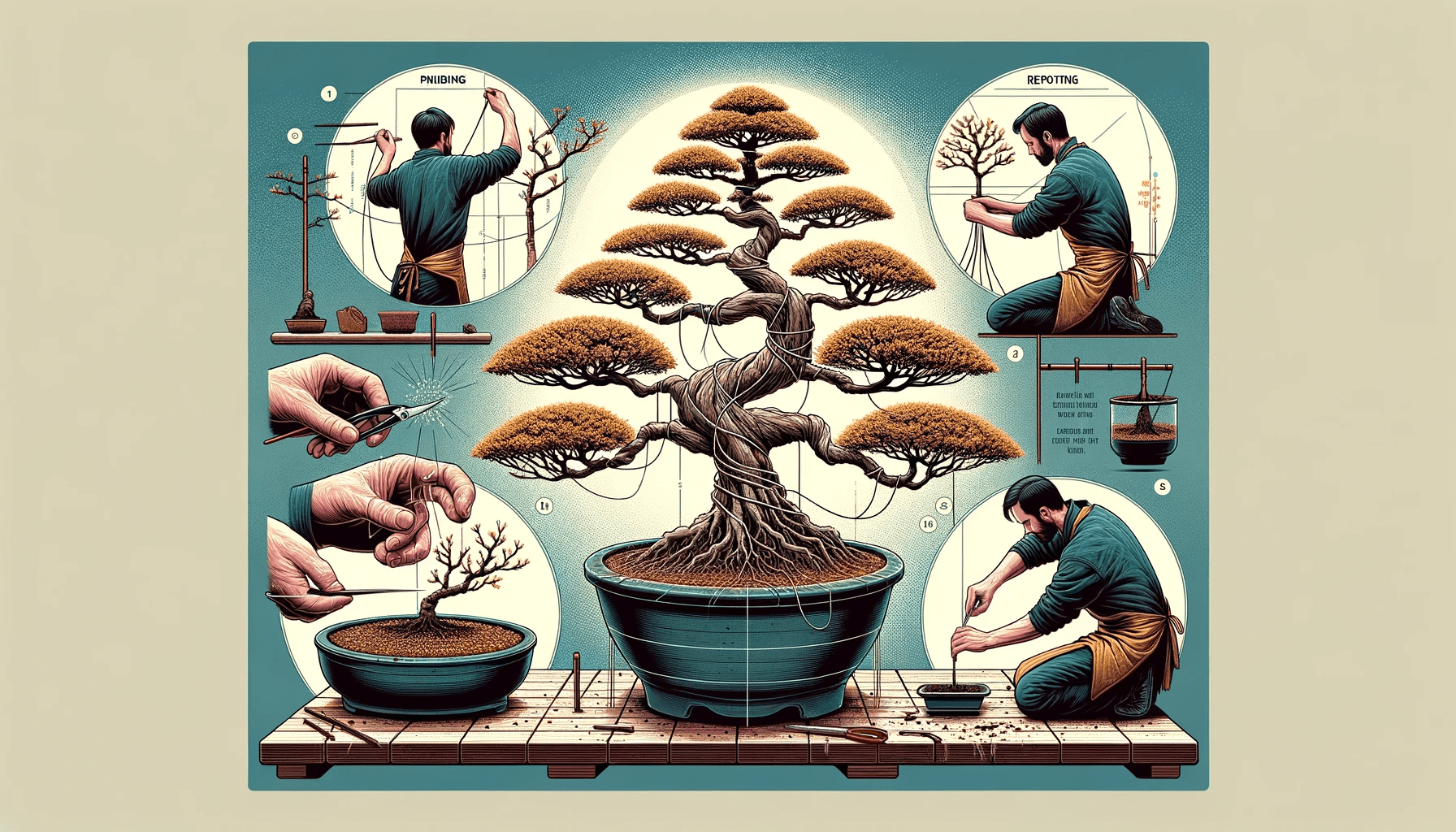 DALL·E 2023-12-23 23.59.56 - An informative image illustrating key techniques in bonsai cultivation_ pruning, wiring, and repotting. The scene is divided into three parts. The fir