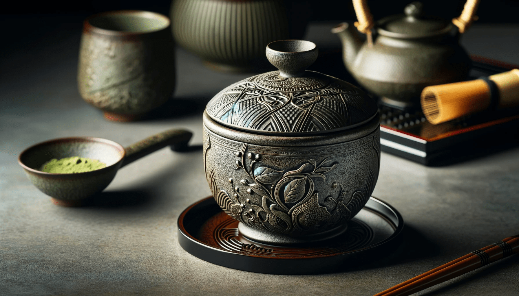 DALL·E 2023-12-29 01.30.40 - A close-up image of a Chaire, emphasizing its artistic and functional qualities as a tea container in the Japanese tea ceremony. The Chaire, typically