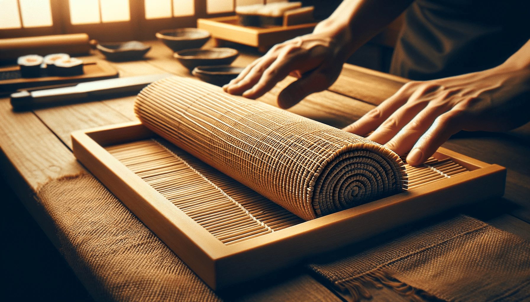 DALL·E 2024-01-06 17.43.39 - An image of a sushi rolling mat, also known as a makisu, commonly used in the preparation of rolled sushi. The image should show a traditional bamboo (1)