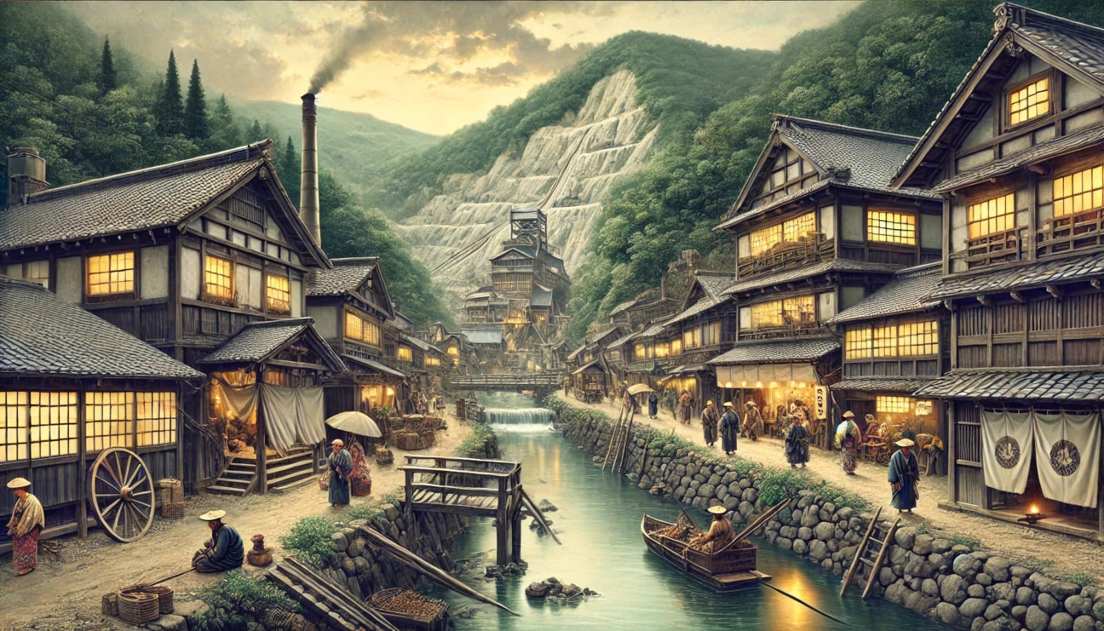 DALL?E 2026-02-13 21.31.18 - A historical depiction of Ginzan Onsen in the 15th century, located in Obanazawa, Yamagata, Japan. The scene features a thriving silver mining town wi