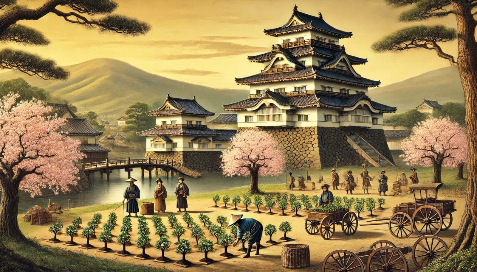 DALL?E 2025-03-15 15.02.06 - A historical scene of Hirosaki Castle in Japan during the Edo period (1715). The castle is surrounded by newly planted Kasumi-zakura cherry blossom sa