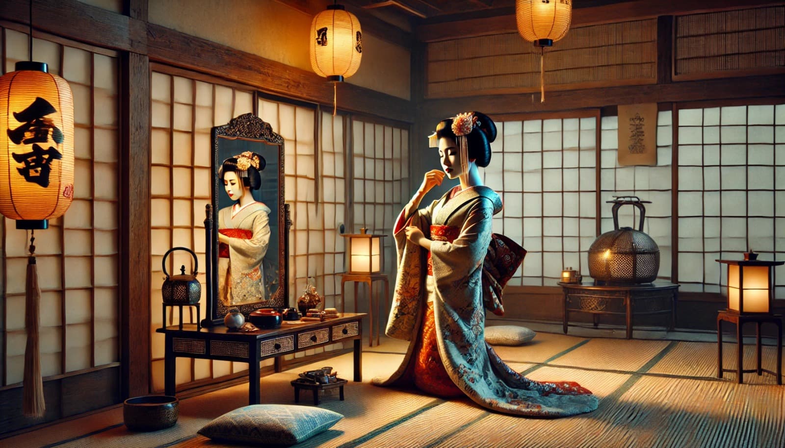 DALL·E 2025-03-16 13.01.30 - A realistic scene of a Jimae Geiko (independent geisha) in Kyoto, symbolizing her independence and professionalism. The setting is an elegant traditio (1) (1)